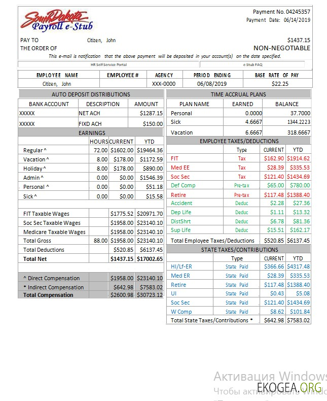 Stub électronique de paie du Dakota du Sud aux États Unis, Word et PDF